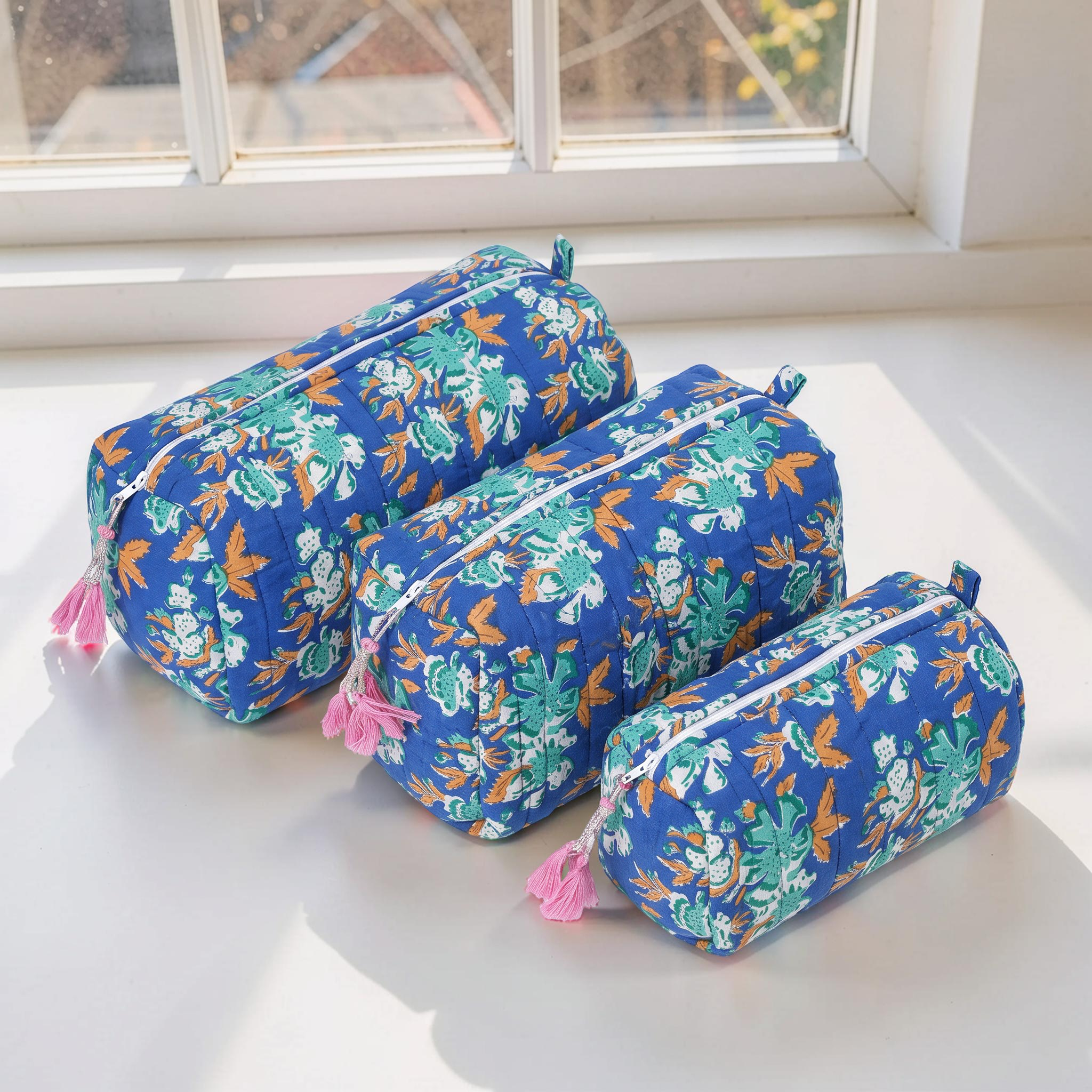 Cotton Printed 3 Pcs Cosmetic Bag Set With Zipper