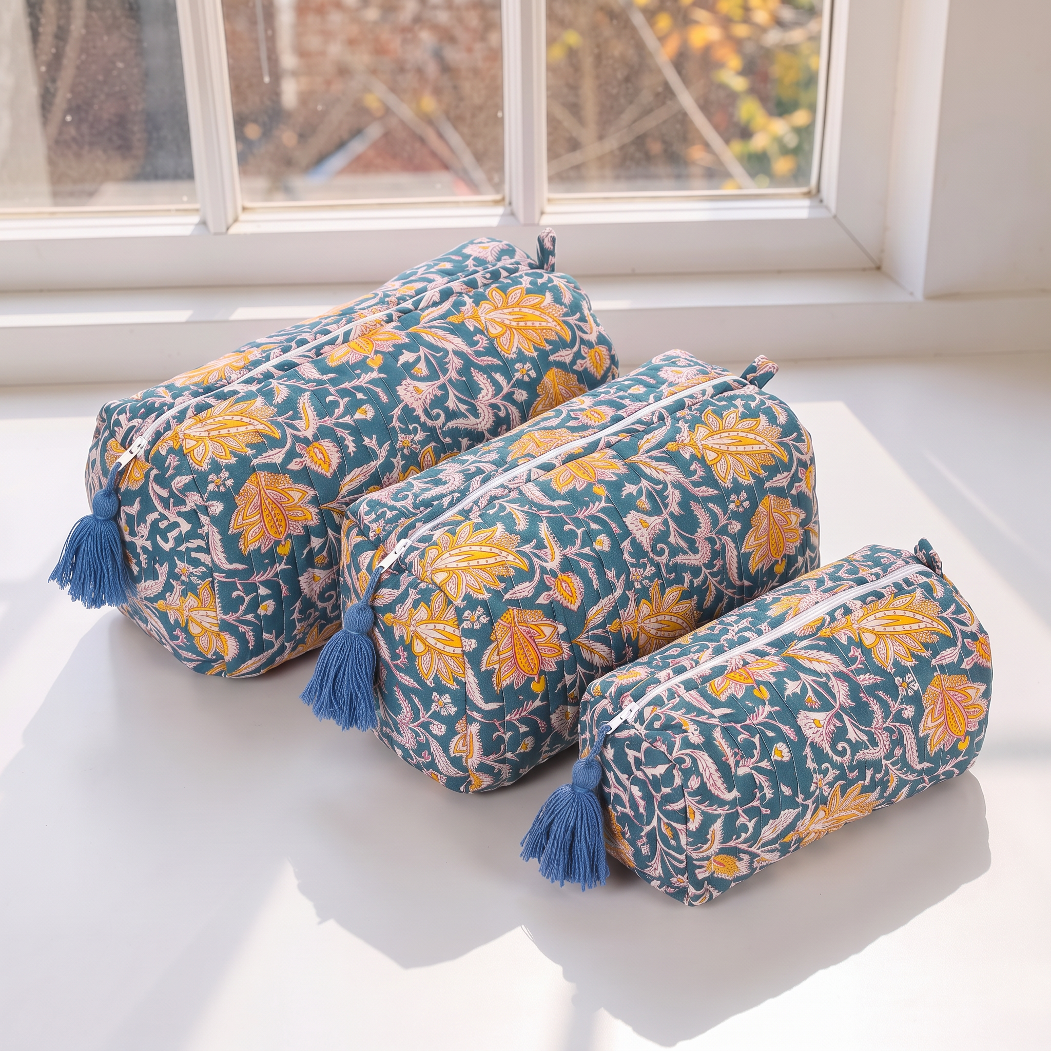 Cotton Printed 3 Pcs Cosmetic Bag Set With Zipper