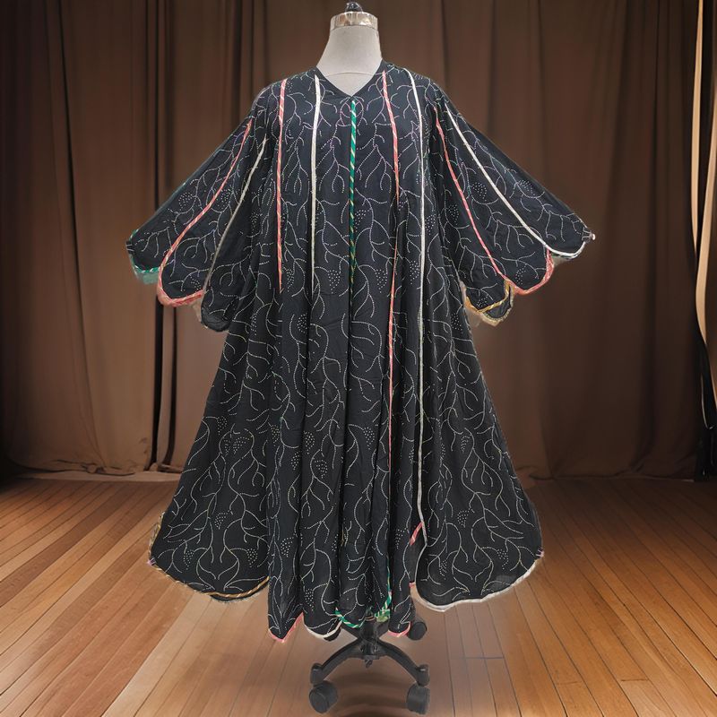 L/XL Meher Crystal Black Printed Cotton Dress 57'' Long Jalabiya