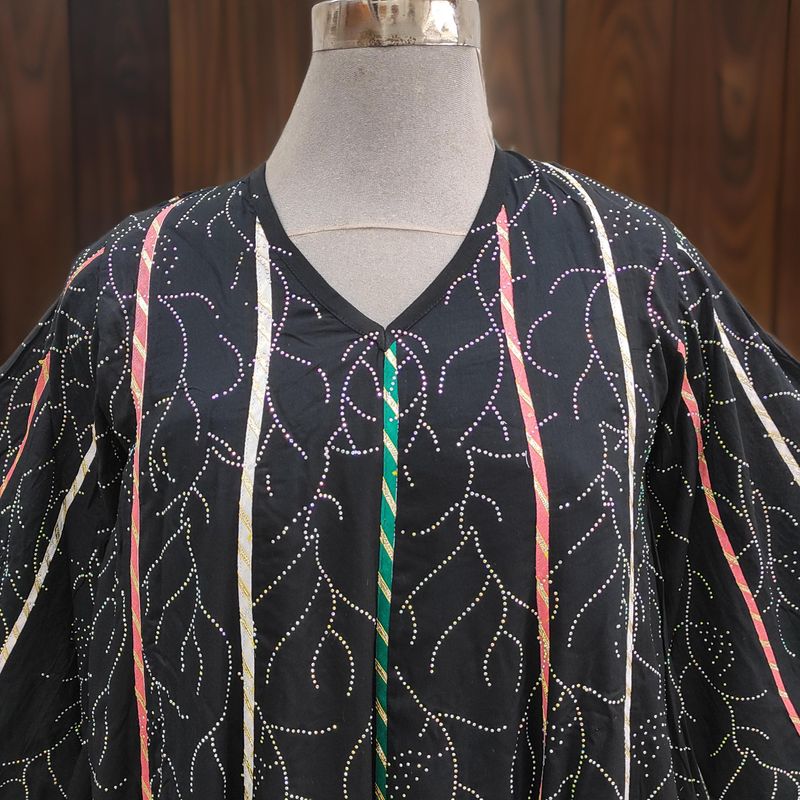 L/XL Meher Crystal Black Printed Cotton Dress 57'' Long Jalabiya
