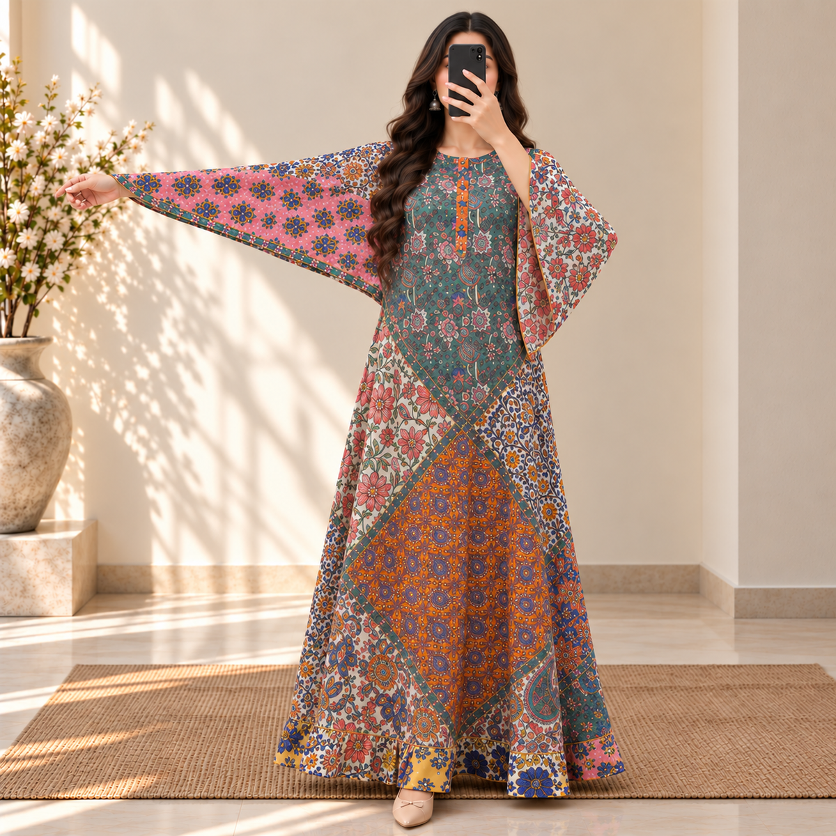 L/XL Takisha Crystal Printed Cotton Long Dress Jalabiya – 57
