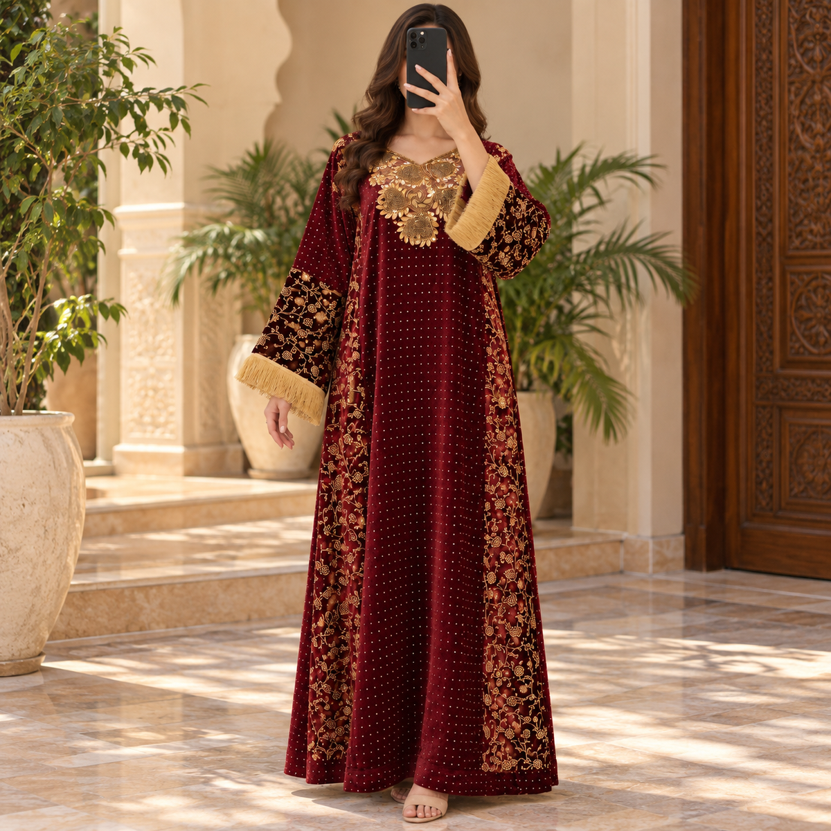 S/M Royal Burgundy Velvet Crystal Kaftan – 60 Inches Length.