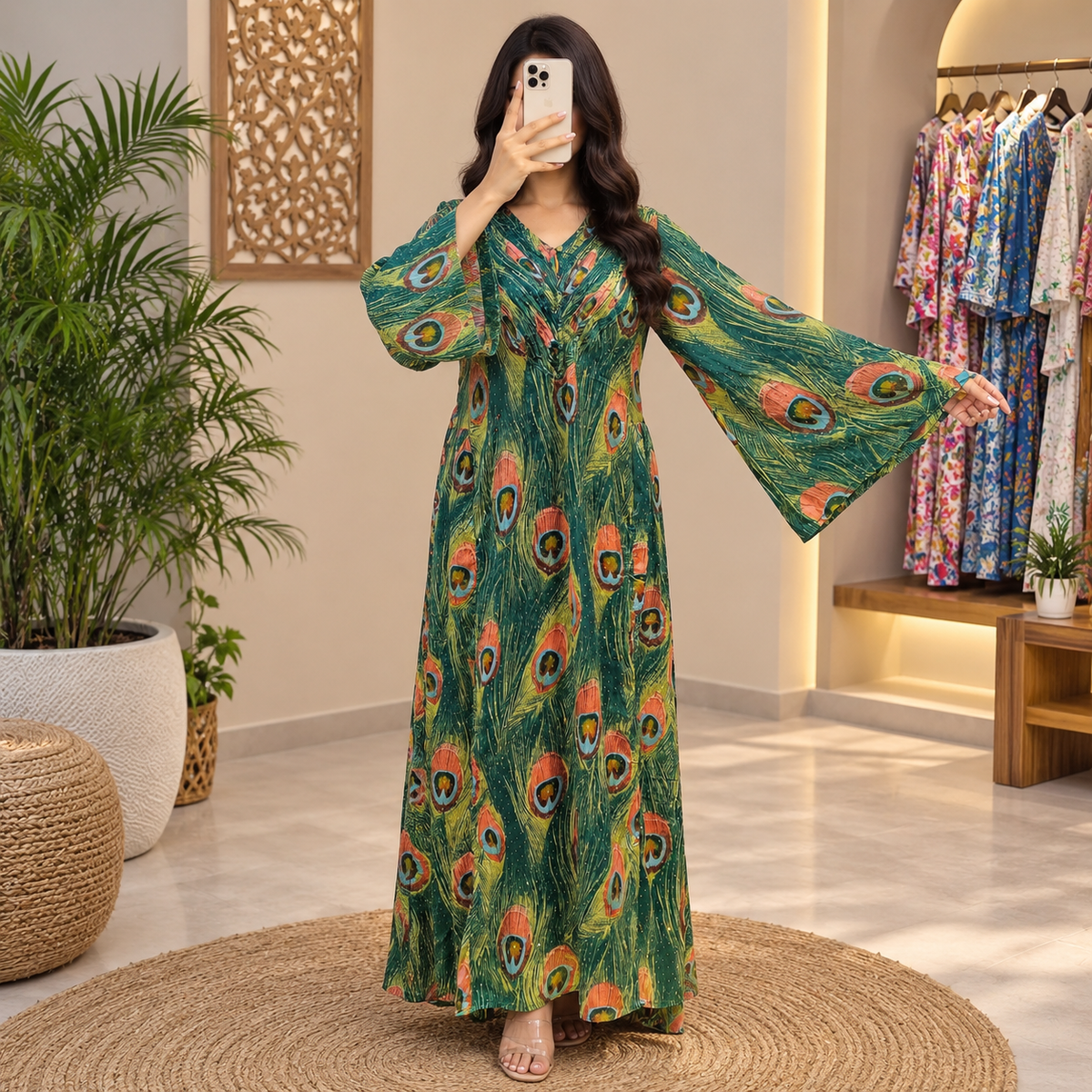 S/M Zaheera Crystal Printed Silk Long Dress Jalabiya – 57