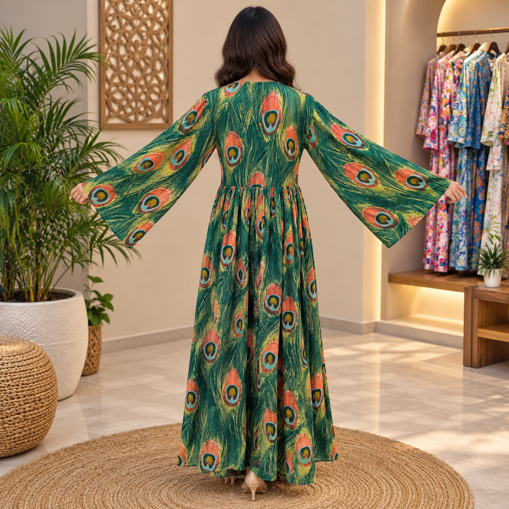 S/M Zaheera Crystal Printed Silk Long Dress Jalabiya – 57