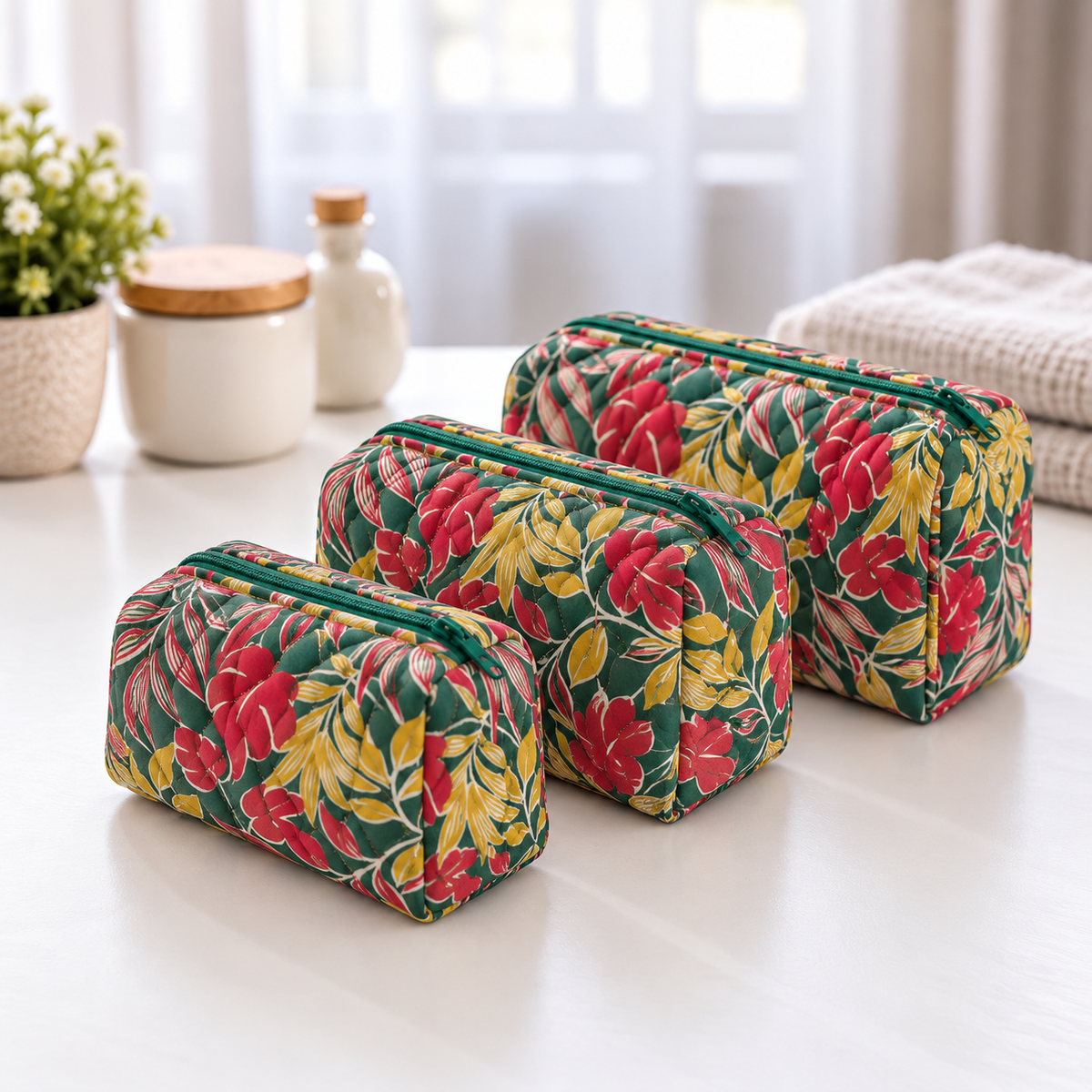 BG 1 Cotton Printed 3 Pcs Cosmetic Bag Set With Zipper
