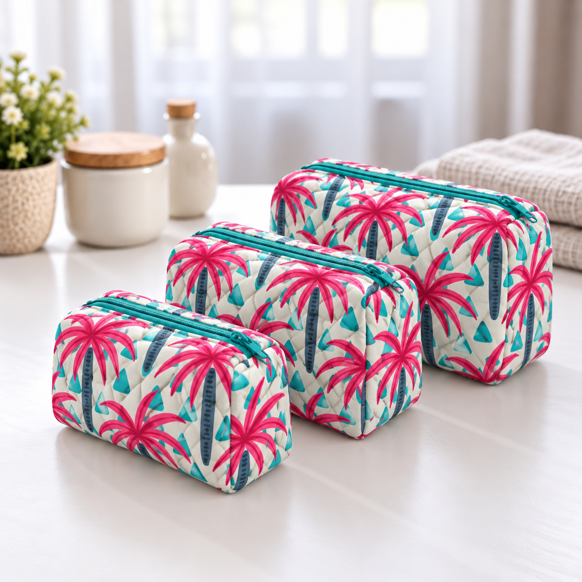 BG 1 Cotton Printed 3 Pcs Cosmetic Bag Set With Zipper