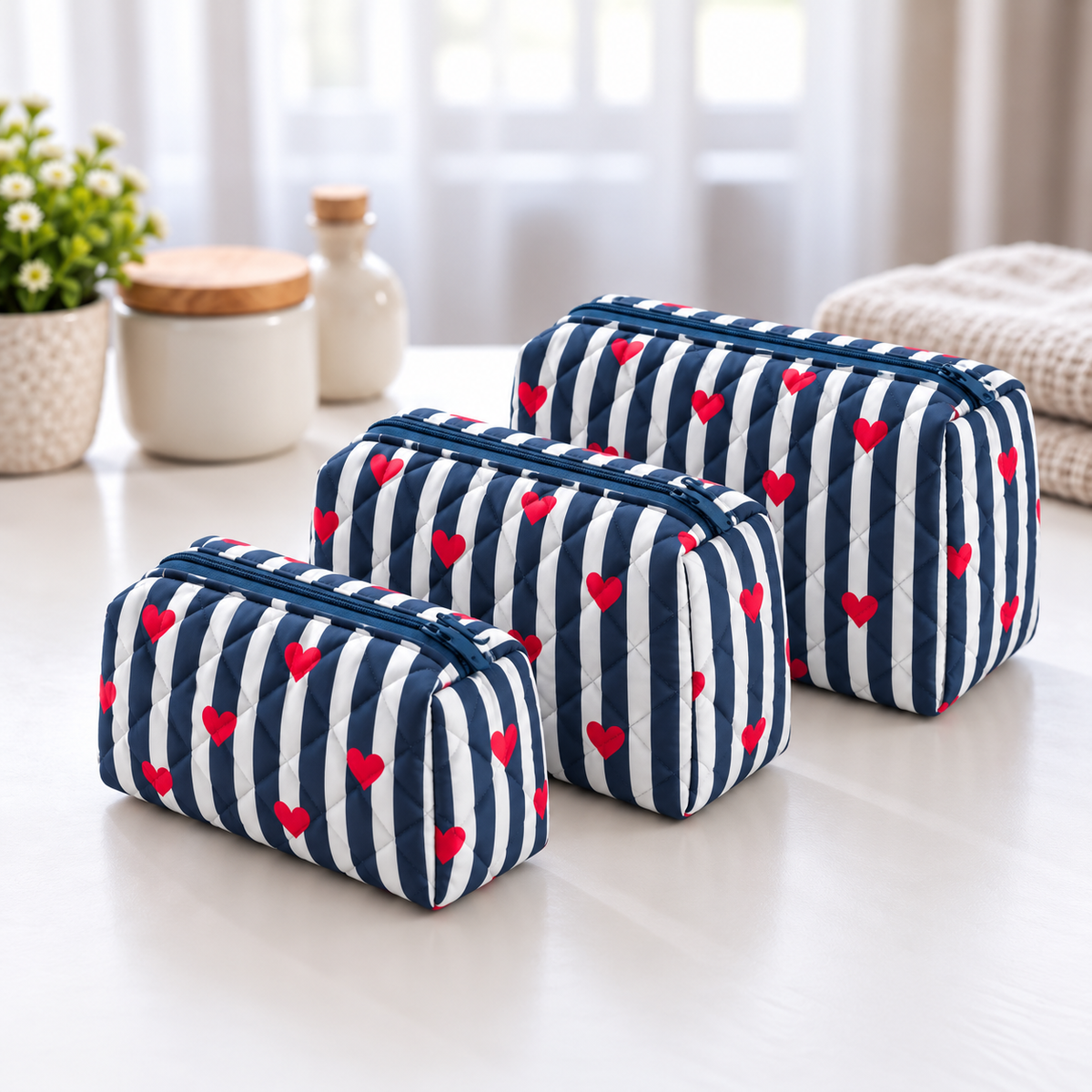 BG 1 Cotton Printed 3 Pcs Cosmetic Bag Set With Zipper