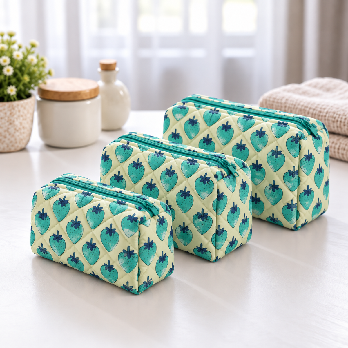 BG 1 Cotton Printed 3 Pcs Cosmetic Bag Set With Zipper