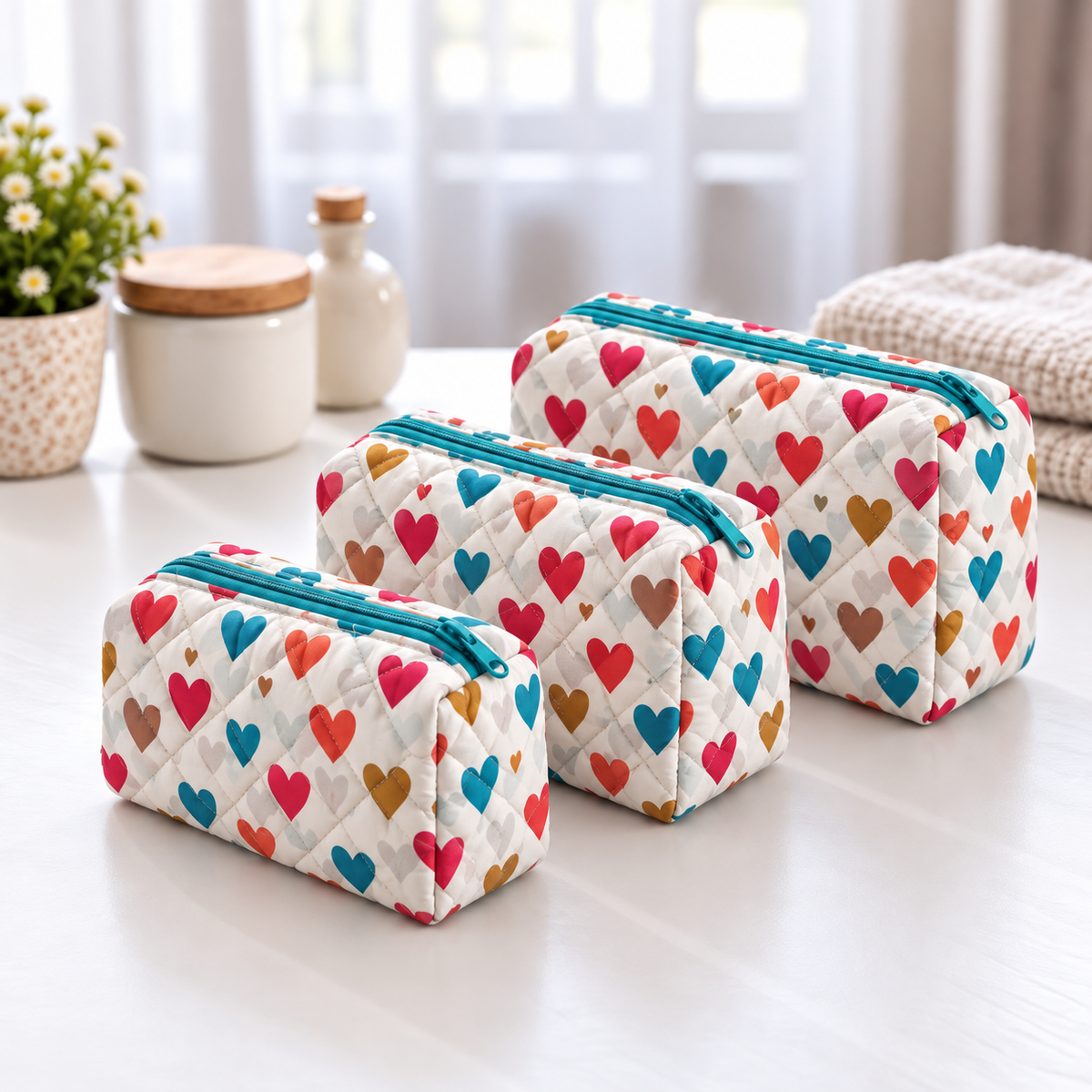 BG 1 Cotton Printed 3 Pcs Cosmetic Bag Set With Zipper