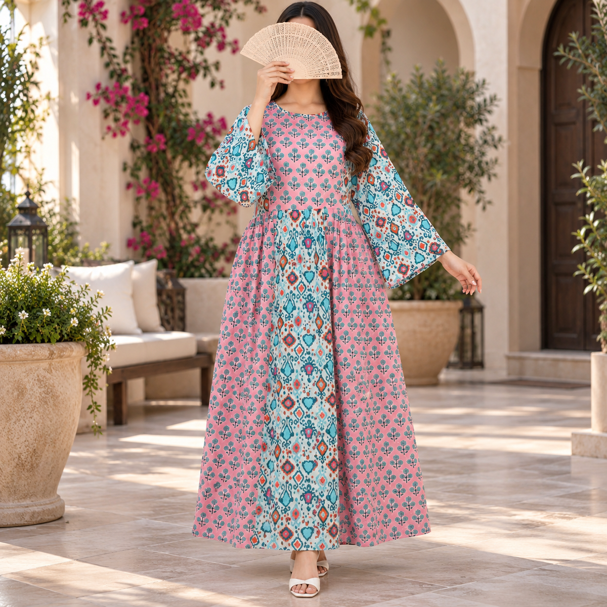 L-XL Heba Crystal Printed Cotton Dress 57" Long Jalabiya J 1001