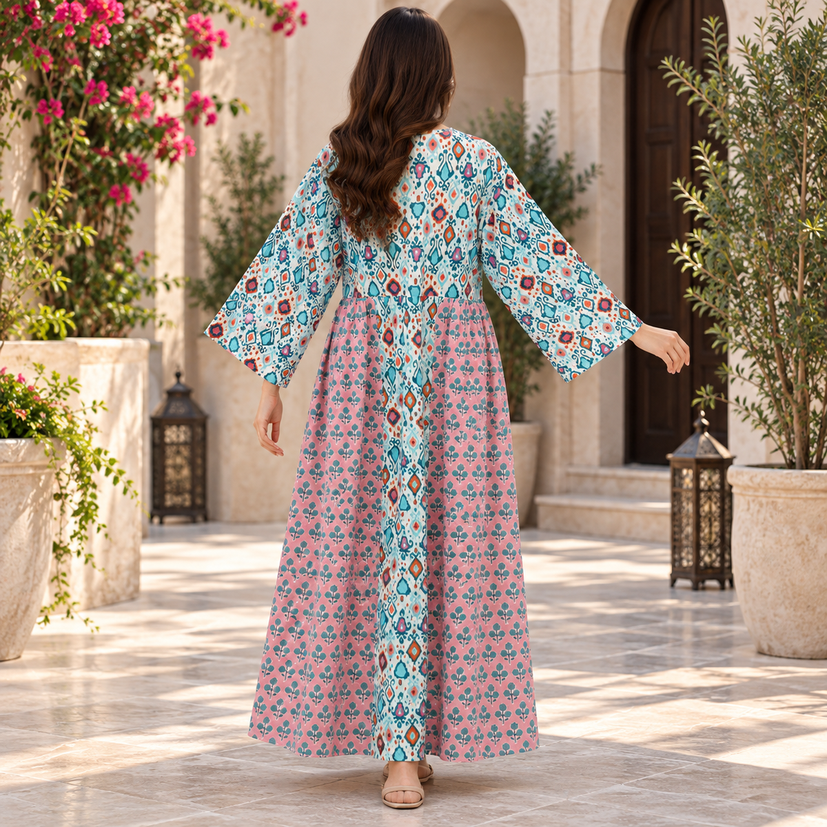 L-XL Heba Crystal Printed Cotton Dress 57" Long Jalabiya J 1001