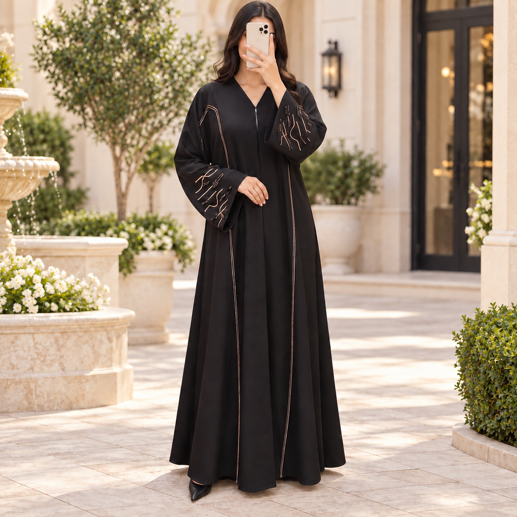 Opulent Black Lace-Trimmed Designer Abaya 58" Inches Length