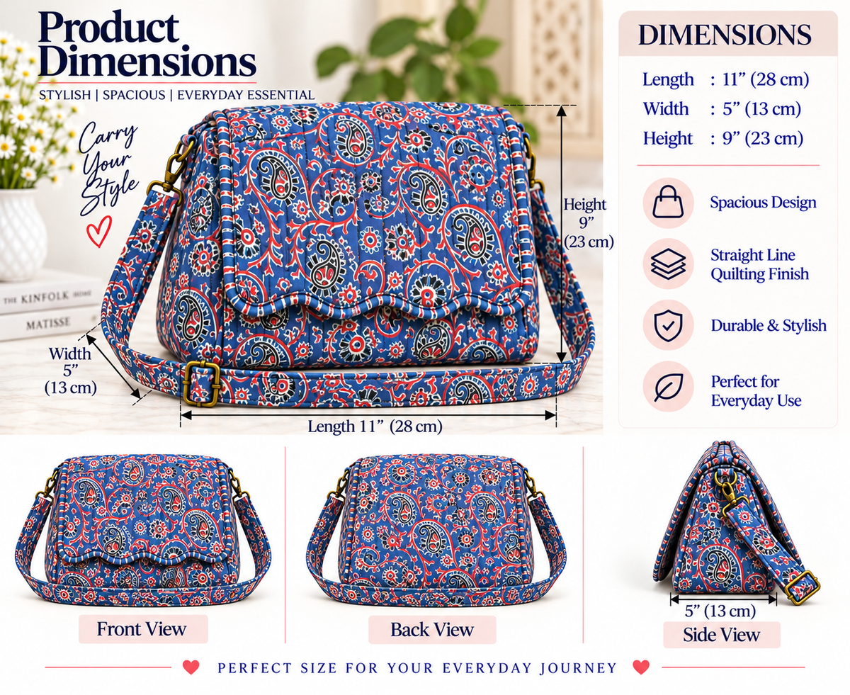 BG 6 Classic hand Printed Sling Bag  Broadbelt Adju 11"×9" Inches stable Size