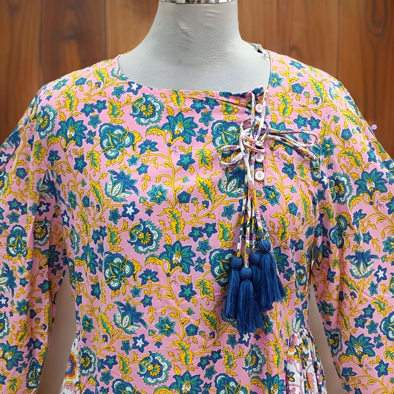 S/M Cindrella Pink Printed Cotton Dress 57" Long Jalabiya