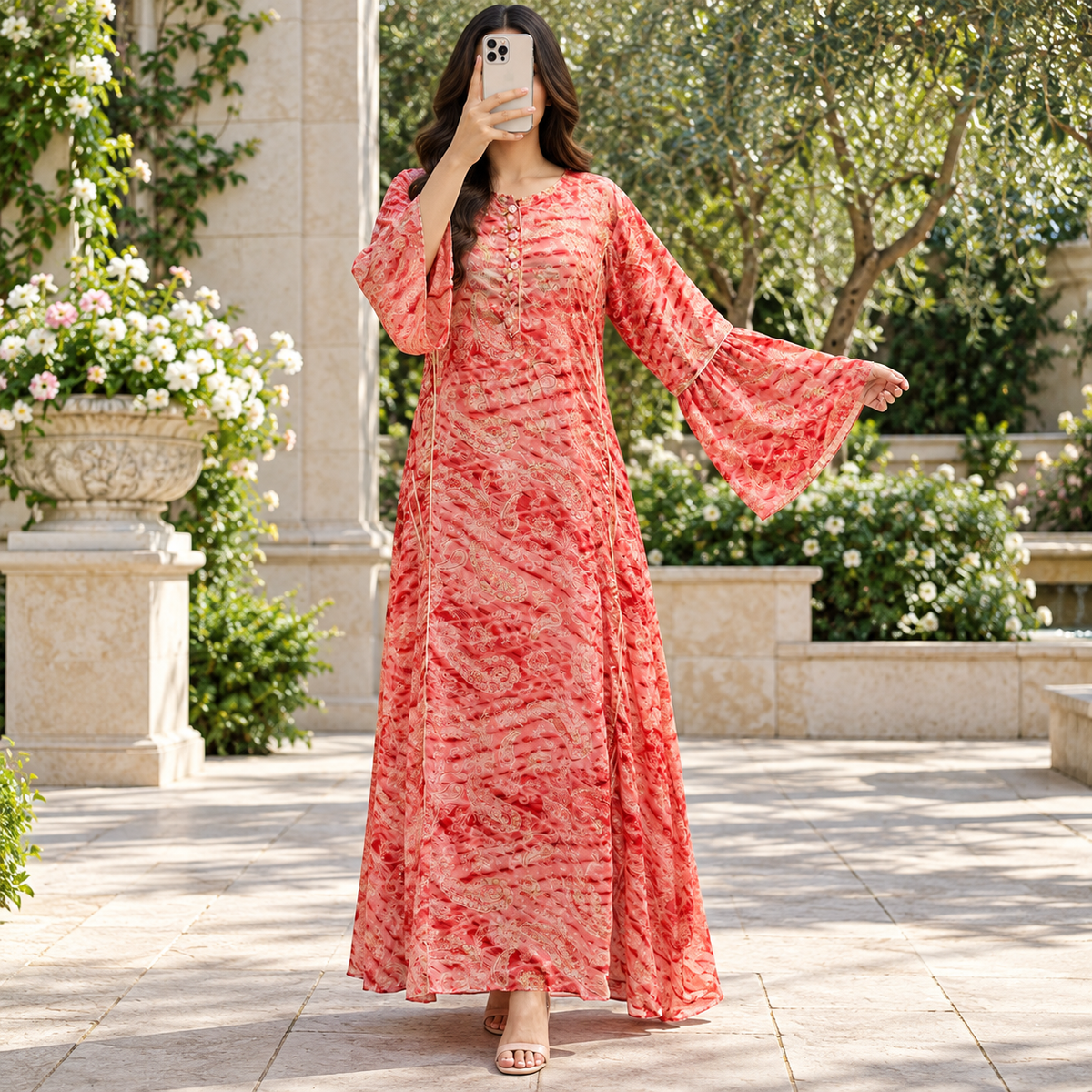 S/M Marry Printed Silk Long Dress Jalabiya – 57