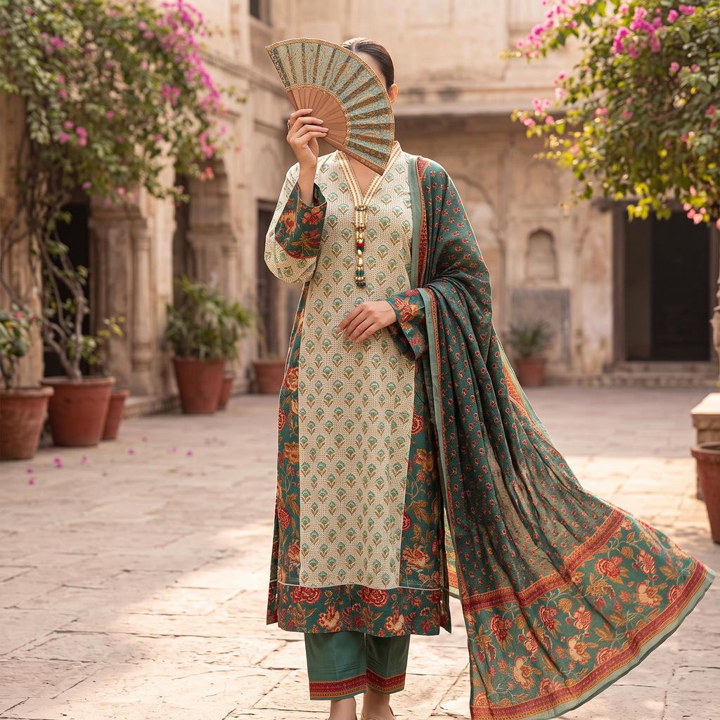 L-XL Safa Printed Cotton Dress 57" Long Jalabiya With Sheila RNY 1059