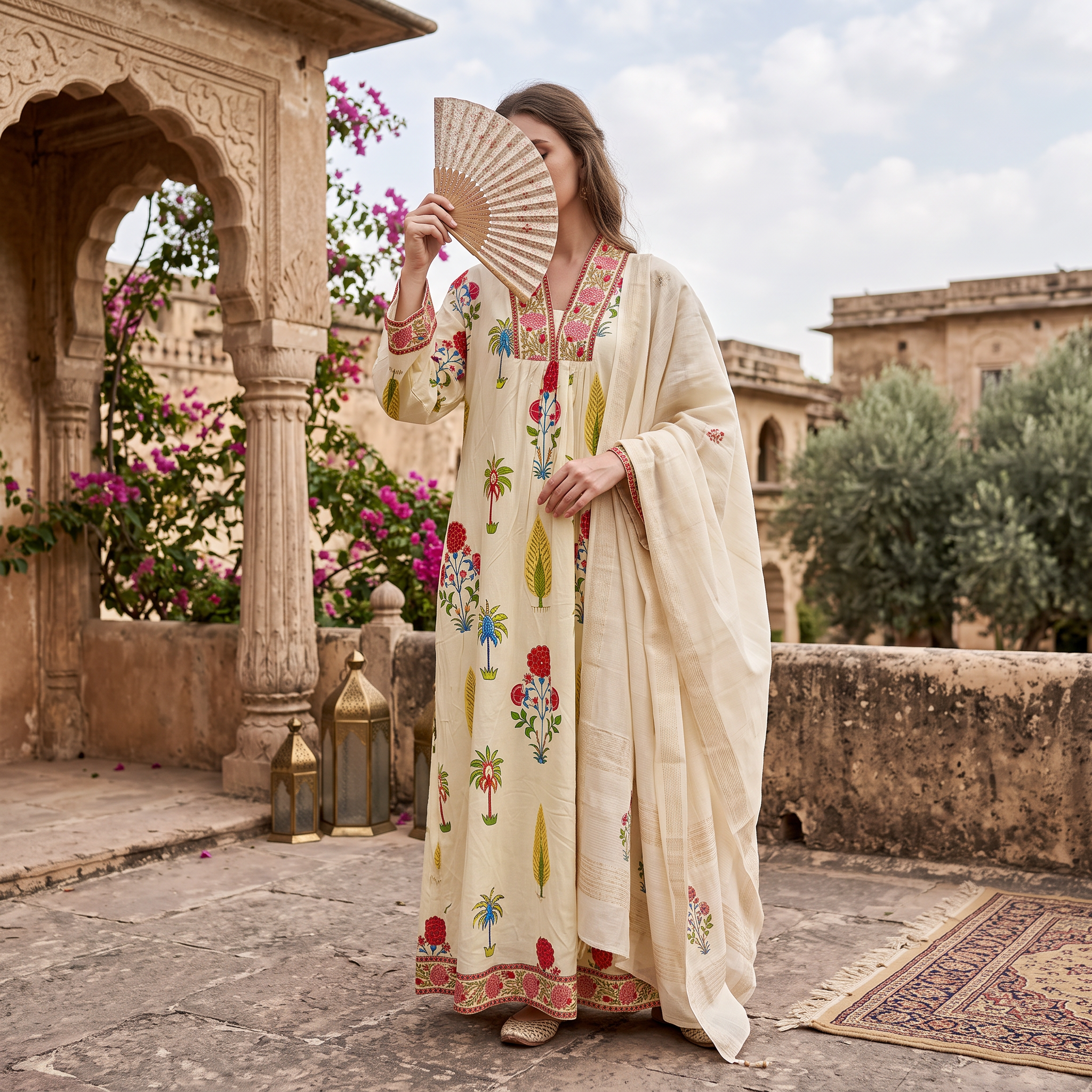 L/XL  Nida  Printed Cotton Dress 57" Long Jalabiya RN 1007