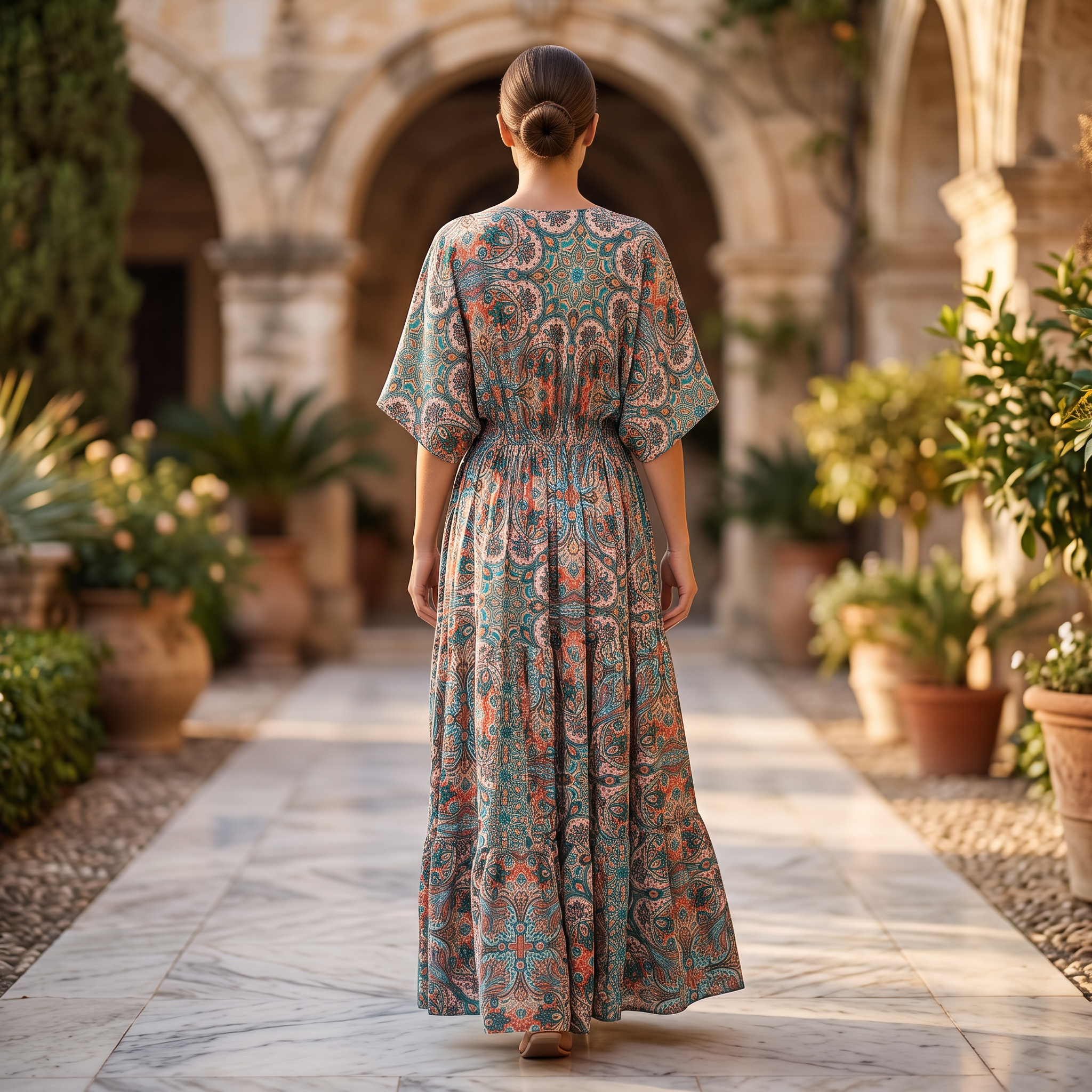 O/S Hafsa Silk Crystal Printed Cotton Dress 57" Long Jalabiya RN 932
