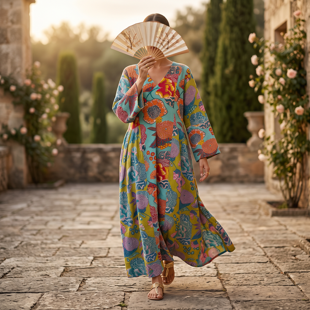 L/XL Saida Printed Cotton Dress 57" Long Jalabiya TNY 723