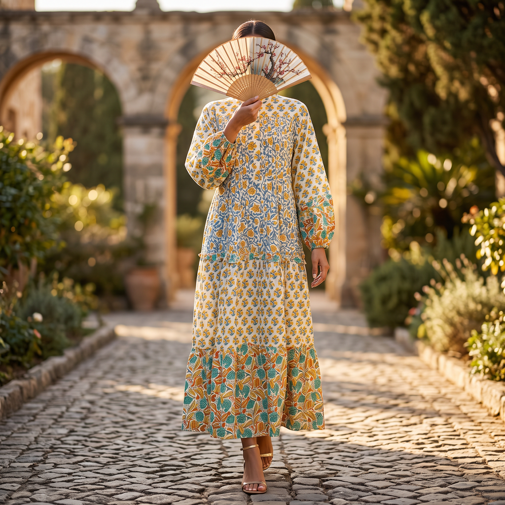 L-XL Elle Printed Cotton Dress 57" Long Jalabiya RNY 1065