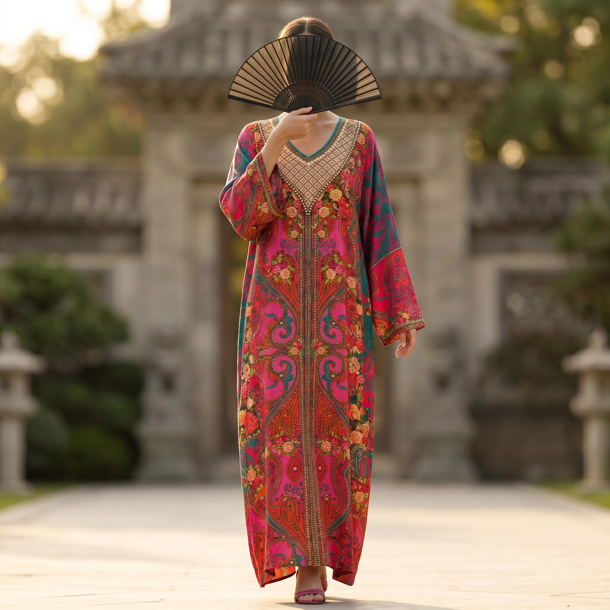L-XL Digital Dress Printed Poly Silk Hand Crystal 58" Long Jalabiya