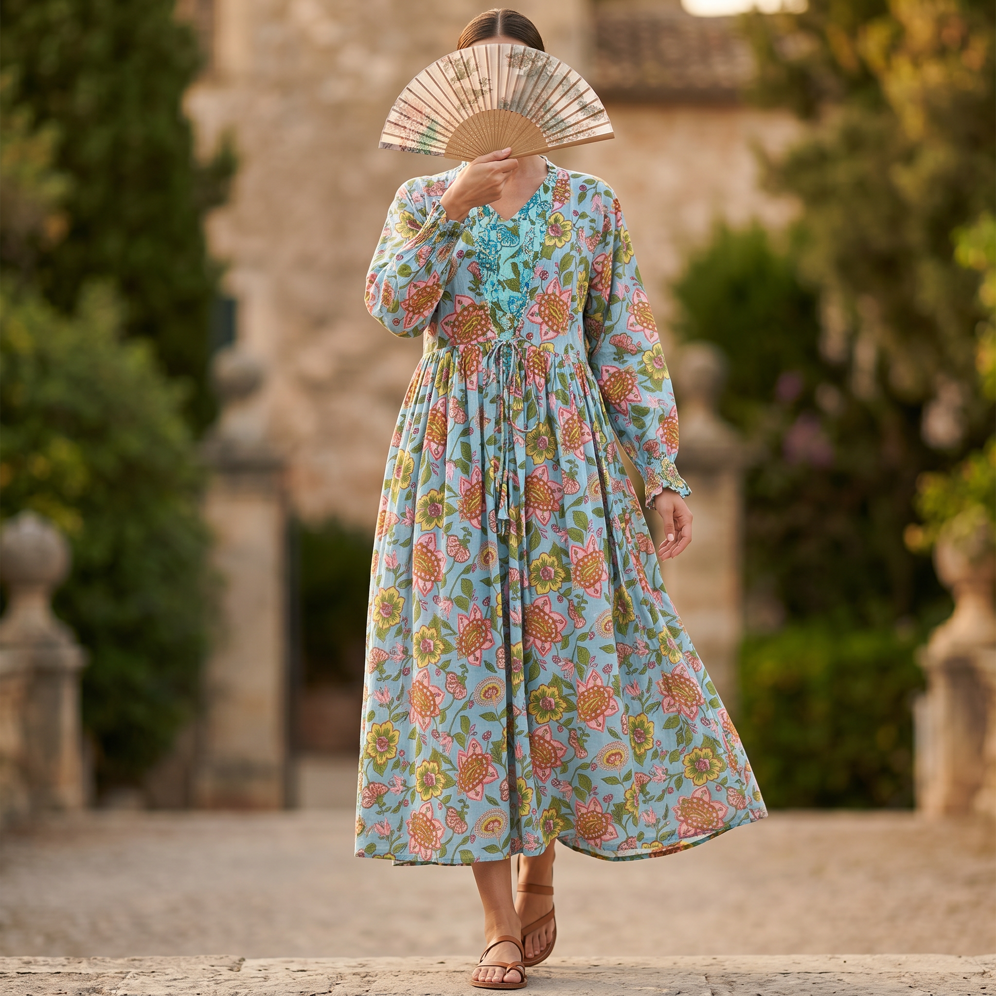 S/M Fahima Printed Cotton 3 Pcs Dress 57" Long Jalabiya RN 1012