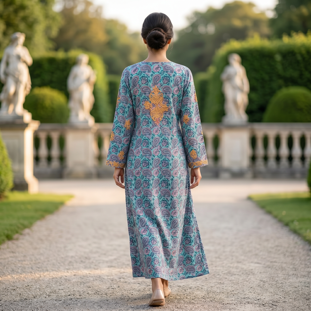 L-XL Fahar Printed Cotton Dress 57" Long Jalabiya