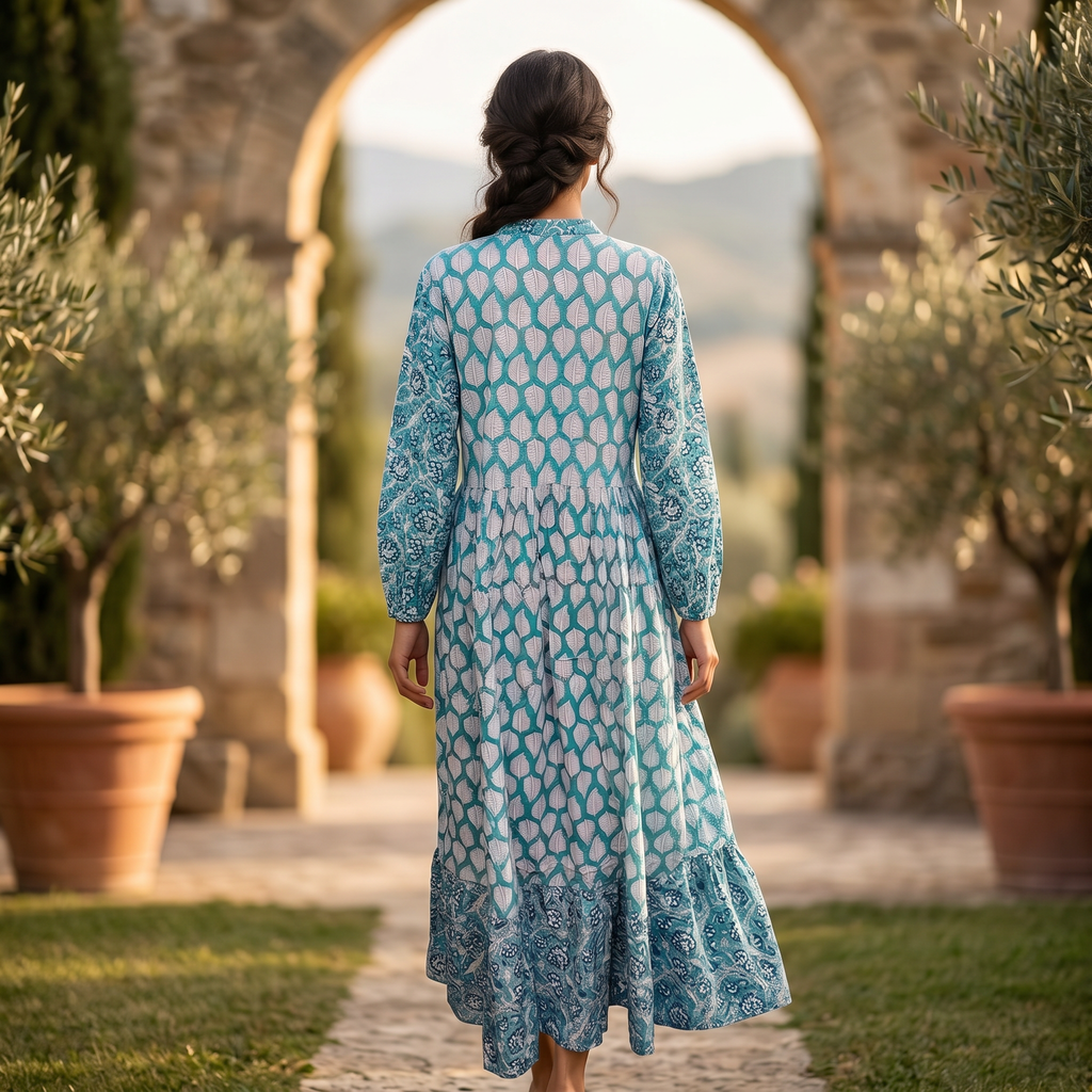 L-XL Bahira Printed Cotton Dress 57" Long Jalabiya