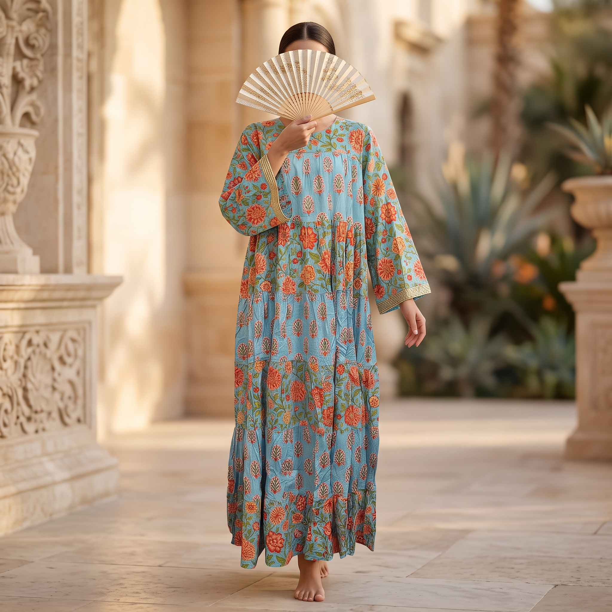 L/XL Moon Printed Cotton Dress 57" Long Jalabiya TNY 781