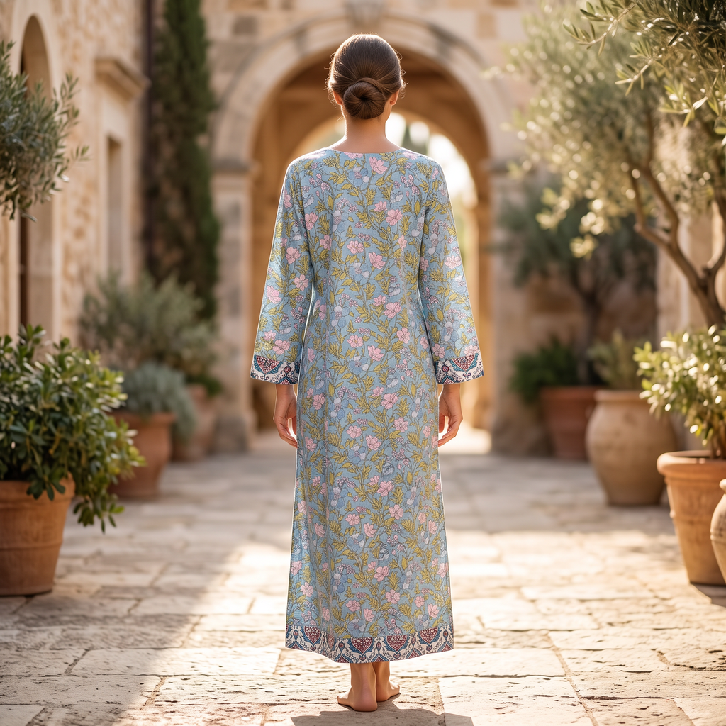 L-XL Lara Crystal Printed Cotton Dress 57" Long Jalabiya TNY 876