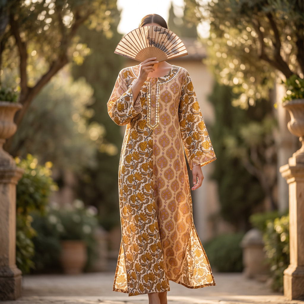 S/M Noorain  Printed Cotton Dress 57" Long Jalabiya TNY 748