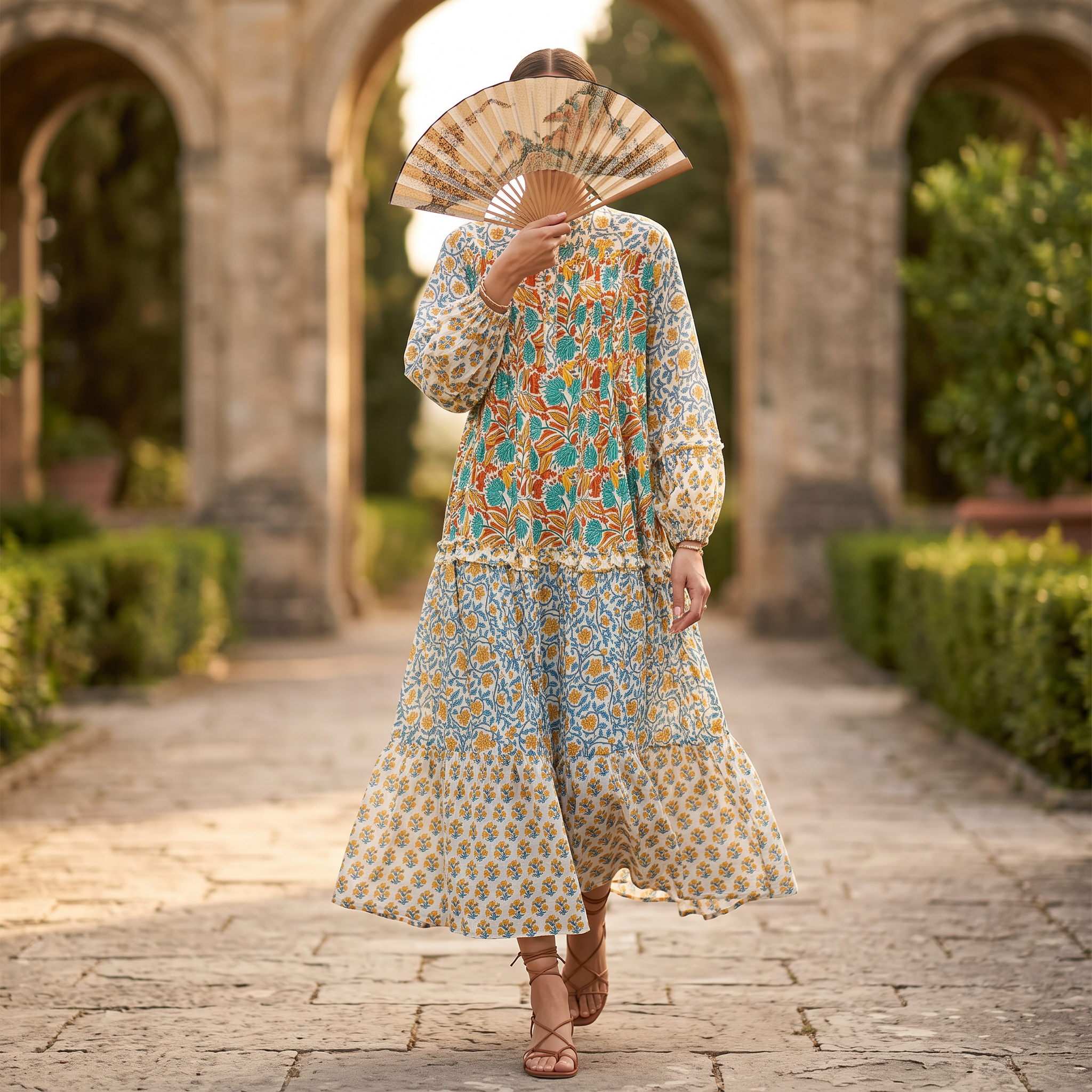 L-XL Elle Printed Cotton Dress 57" Long Jalabiya RNY 1049