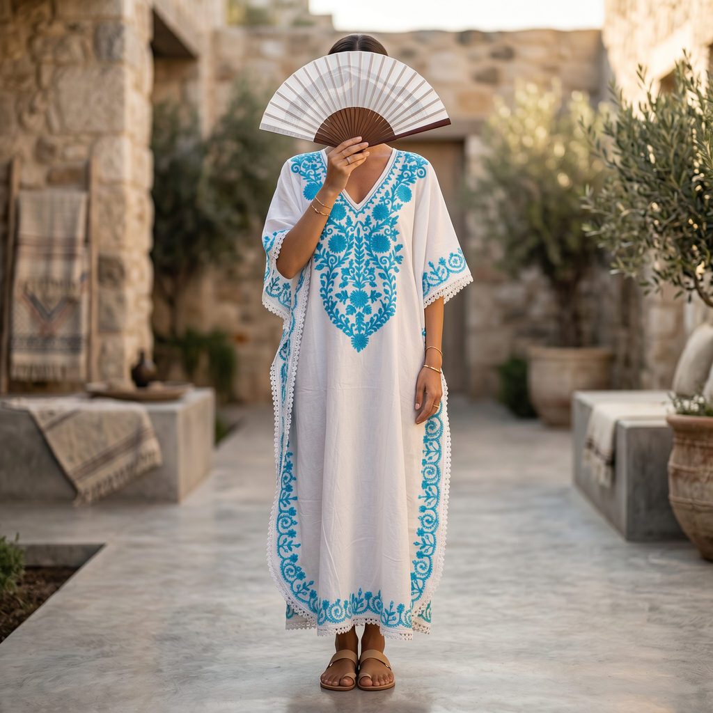 Free Size Embroidery Farasha Kaftan Cotton 57" Long Jalabiya TN 264