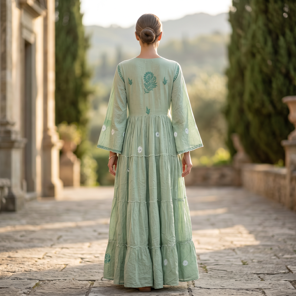 S-M Cinderella embroidery Printed Cotton Dress 57" Long Jalabiya