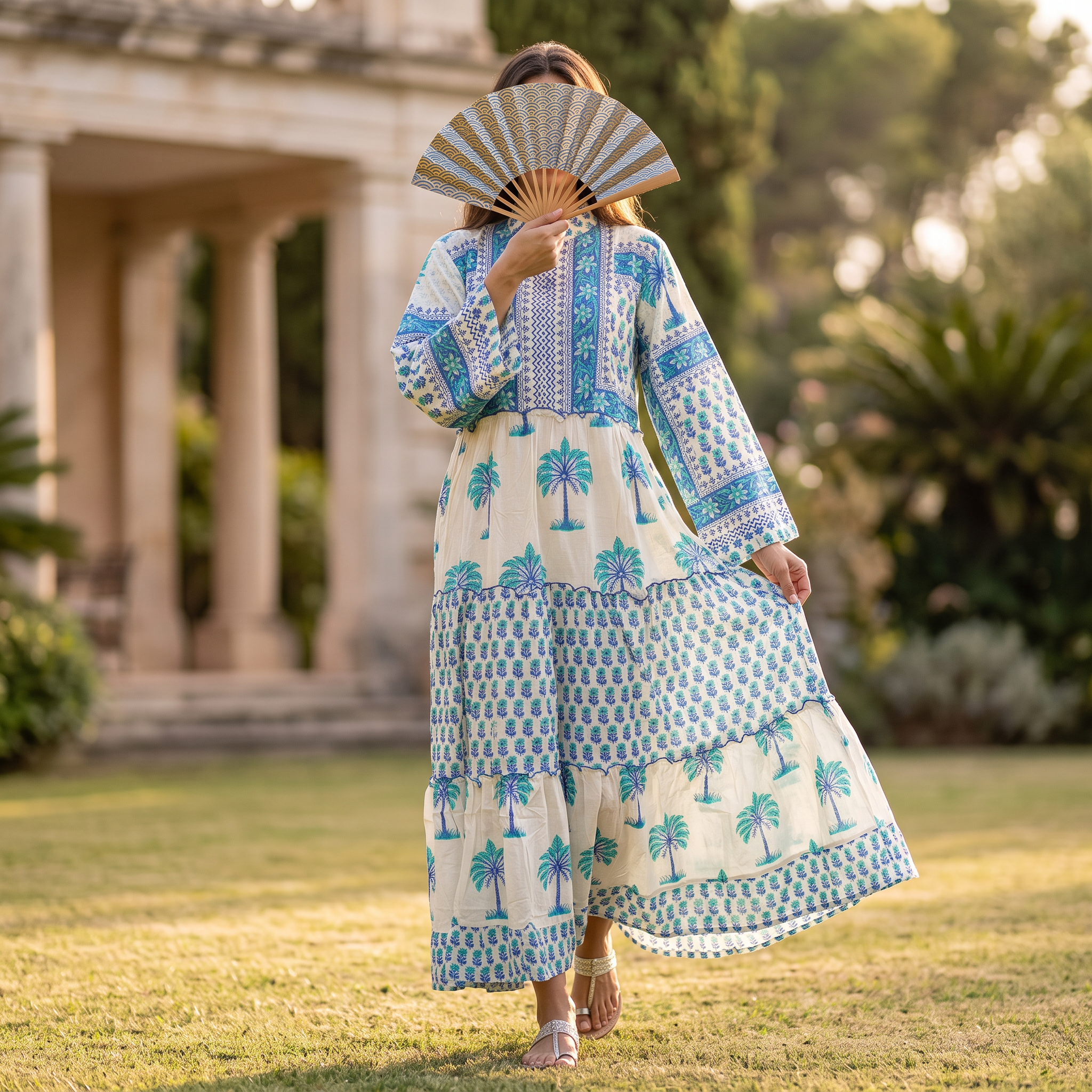 L-XL Afifa Printed Cotton Dress 57" Long Jalabiya RNY 1074