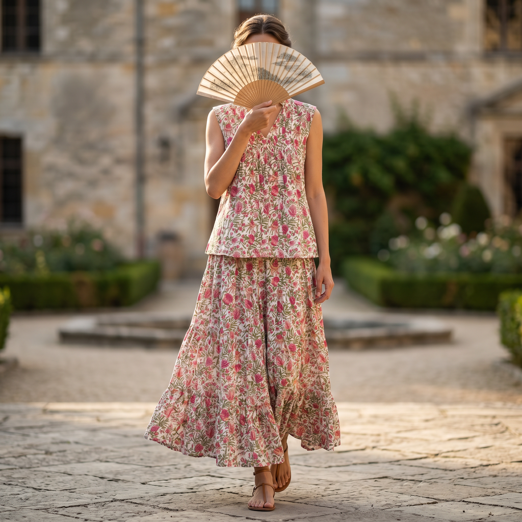 L-XL Fahima Printed Cotton 3 Pcs Dress 57" Long Jalabiya TN 308