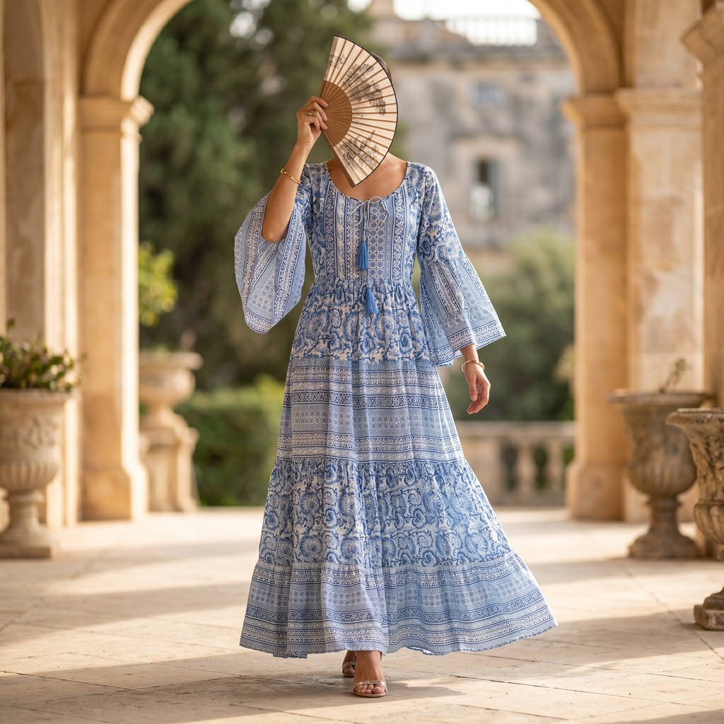 L-XL Gaby Crystal Blue Printed Cotton Dress 57" Long Jalabiya RN 18