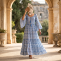 L-XL Gaby Crystal Blue Printed Cotton Dress 57" Long Jalabiya RN 18