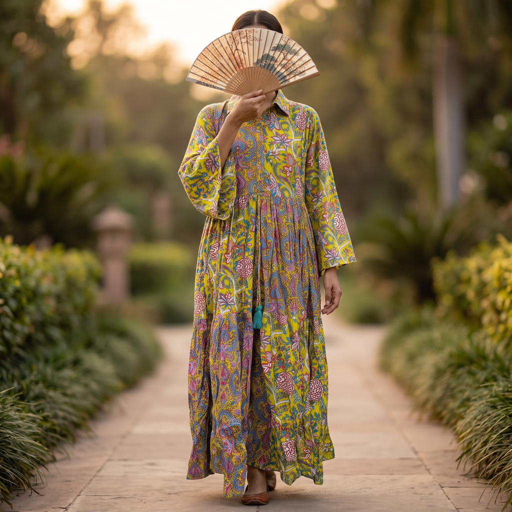 S-M Fatim Printed Cotton Dress 57" Long Jalabiya TNY 730