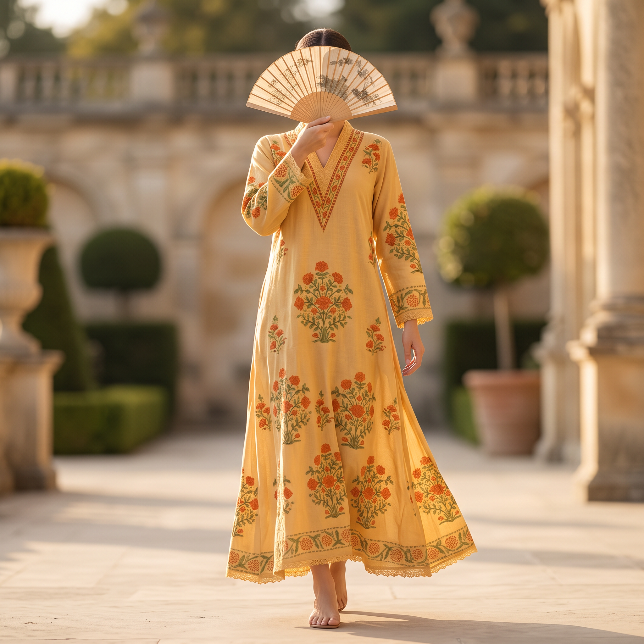 XS.S Teena Printed Chanderi  Dress 57" Long Jalabiya RN 985