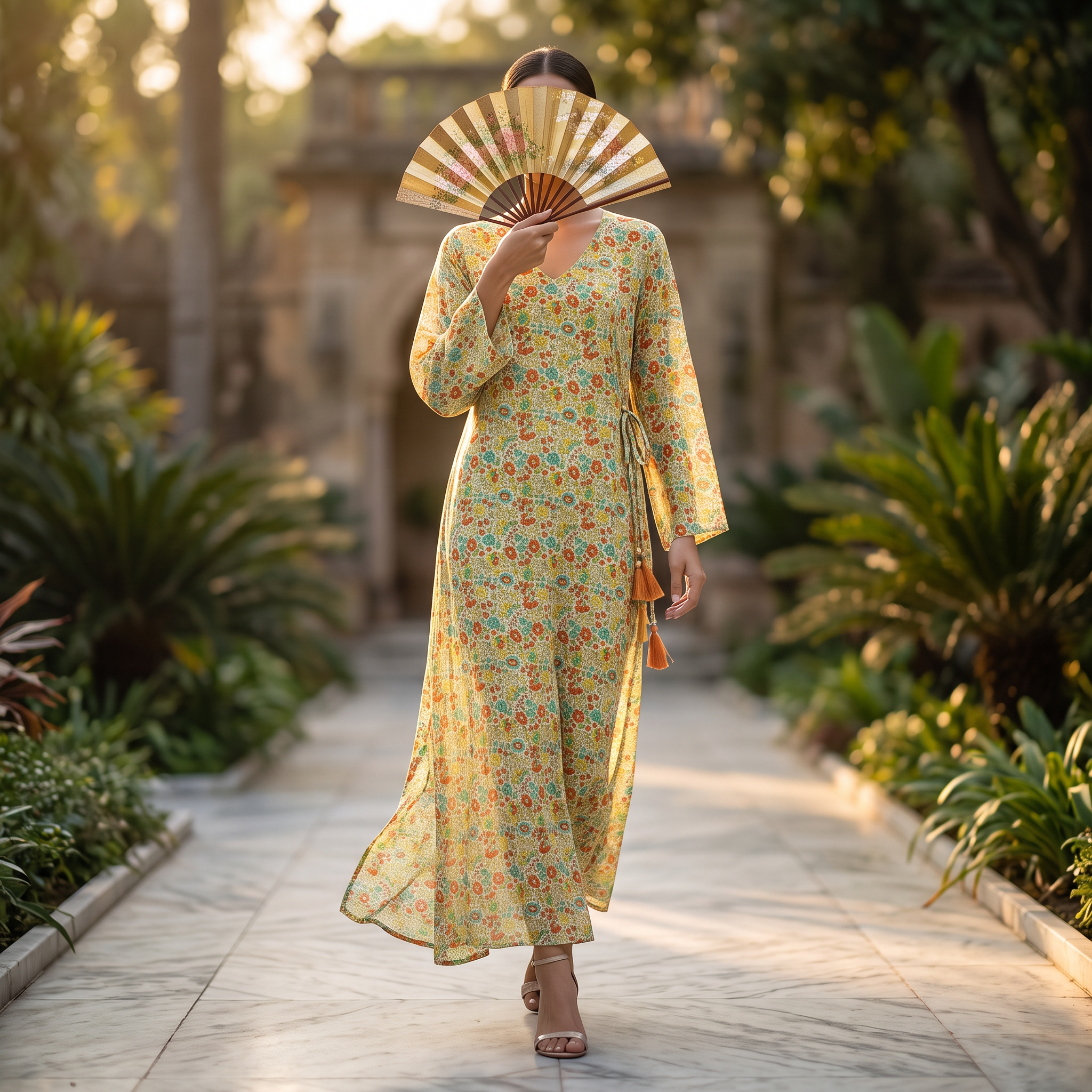 S/M Qifa Silk Crystal  Cotton Printed Dress 57" Long Jalabiya RNY 1069