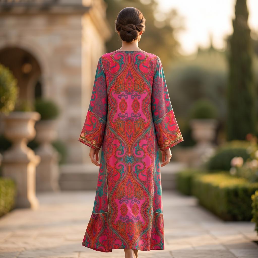L-XL Digital Dress Printed Poly Silk Hand Crystal 58" Long Jalabiya