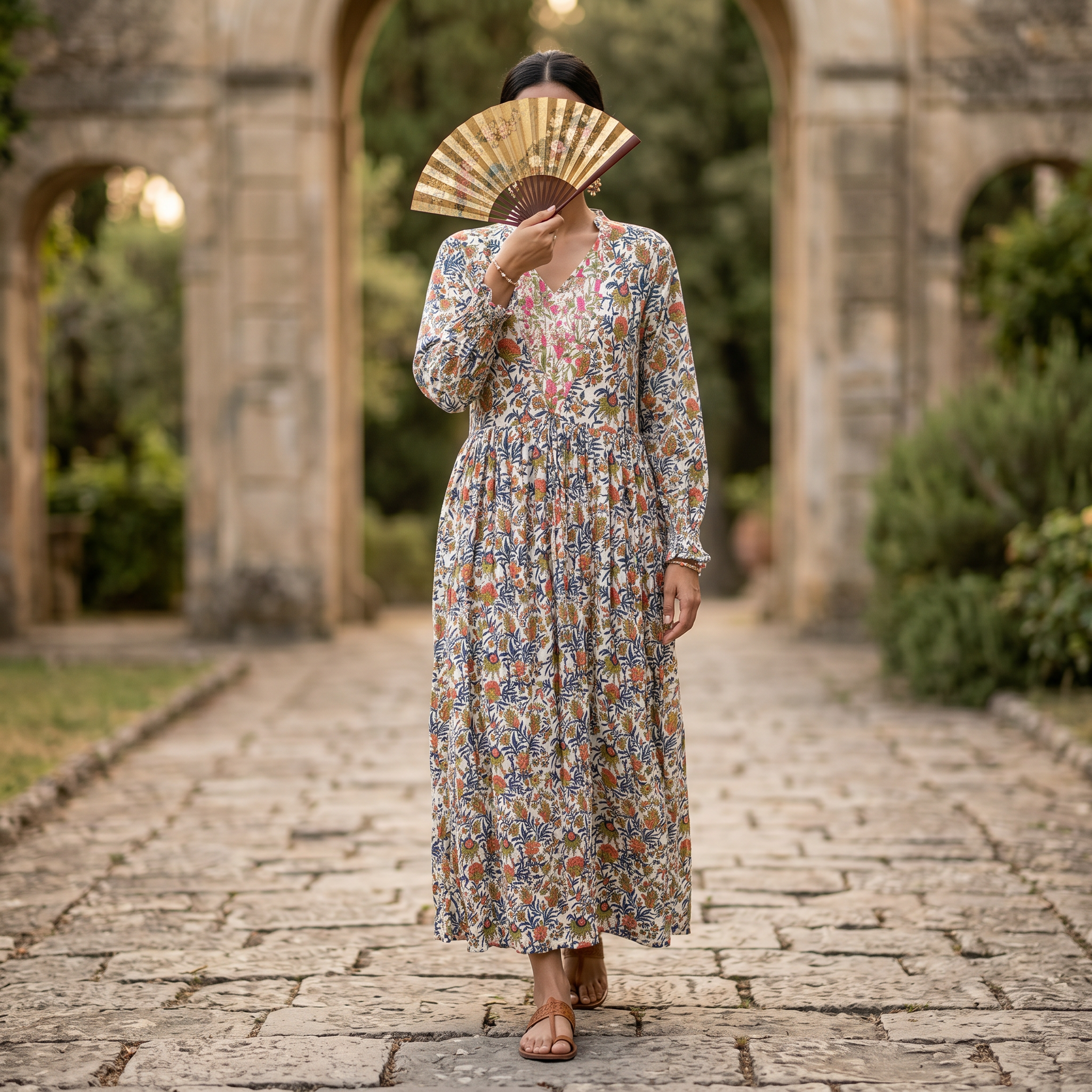 L-XL Fahima Printed Cotton 3 Pcs Dress 57" Long Jalabiya TN 308