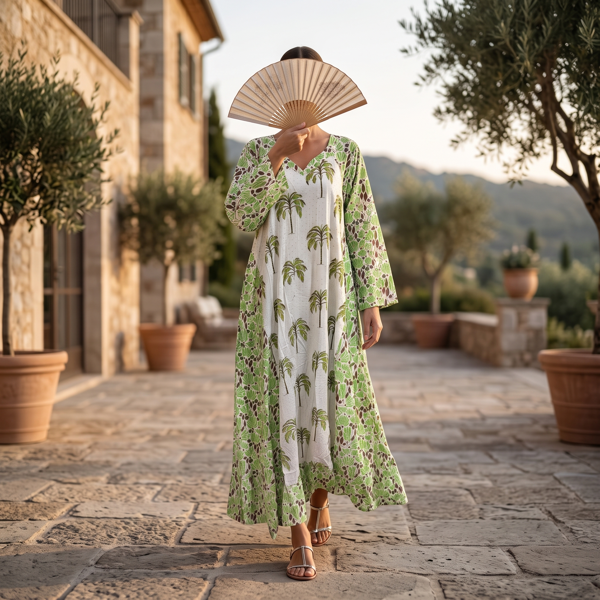L-XL Najia Crystal Printed Cotton Dress 57" Long Jalabiya TNY 872