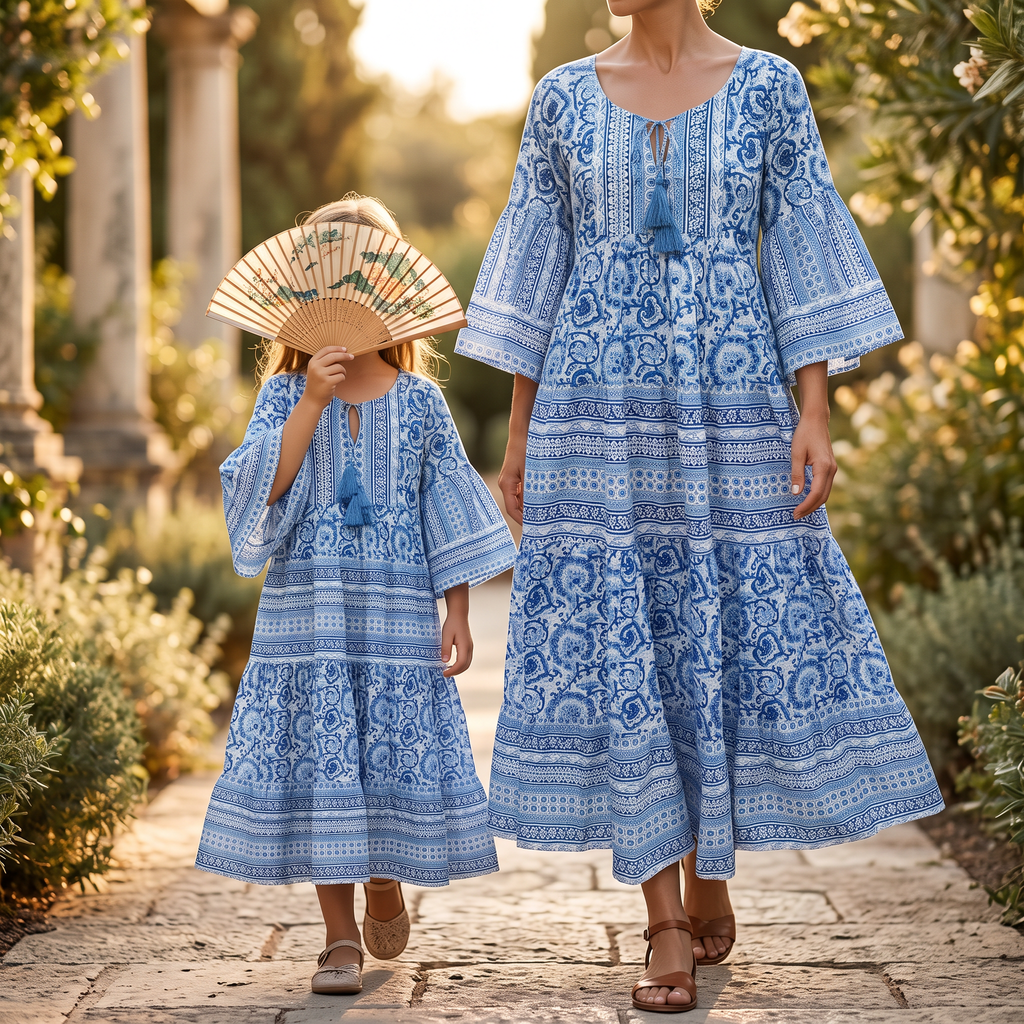 Gaby Blue Printed Cotton Dress Jalabiya