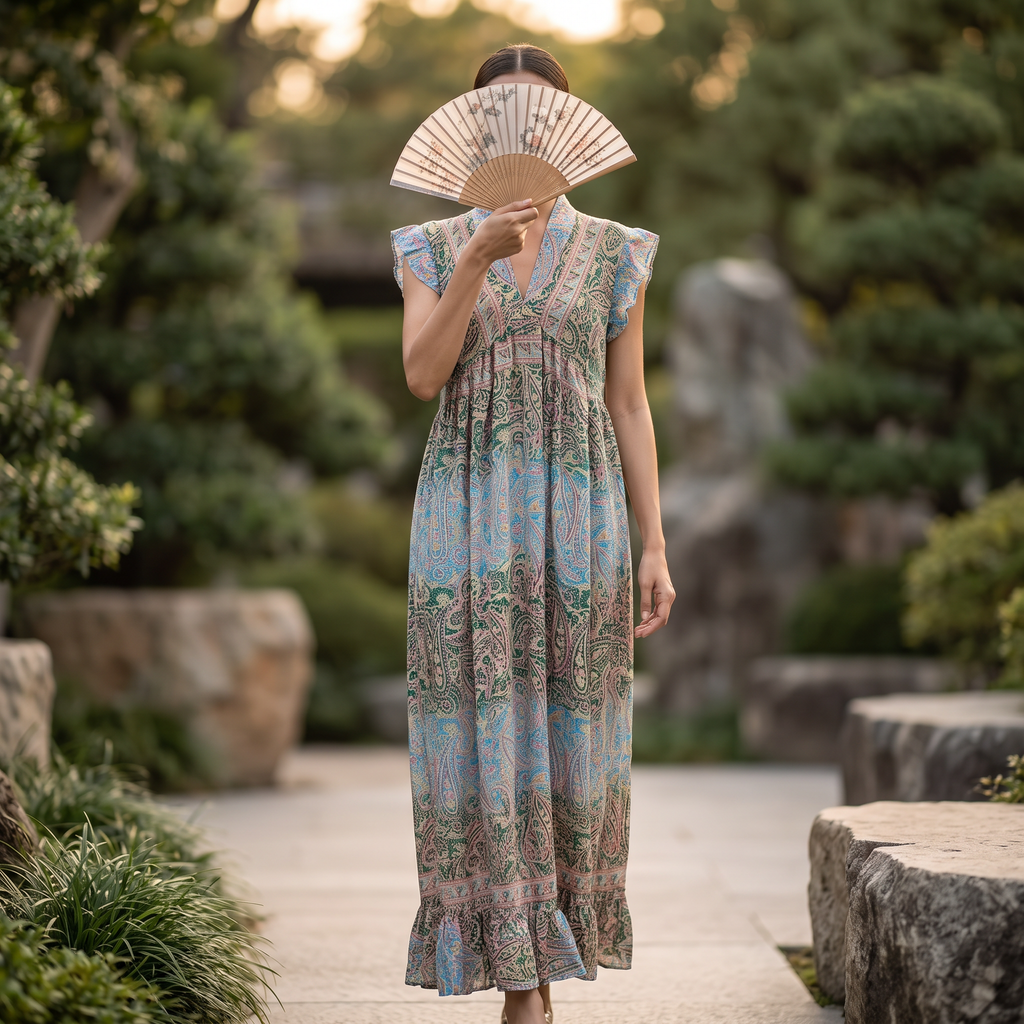 L/XL Amani Printed Cotton Dress 57" Short Sleeves Jalabiya RN 915