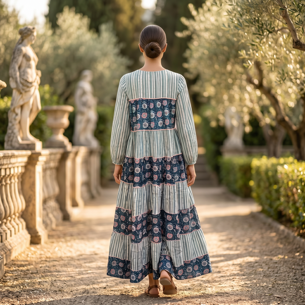 L-XL Bushra Printed Cotton Dress 57" Long Jalabiya