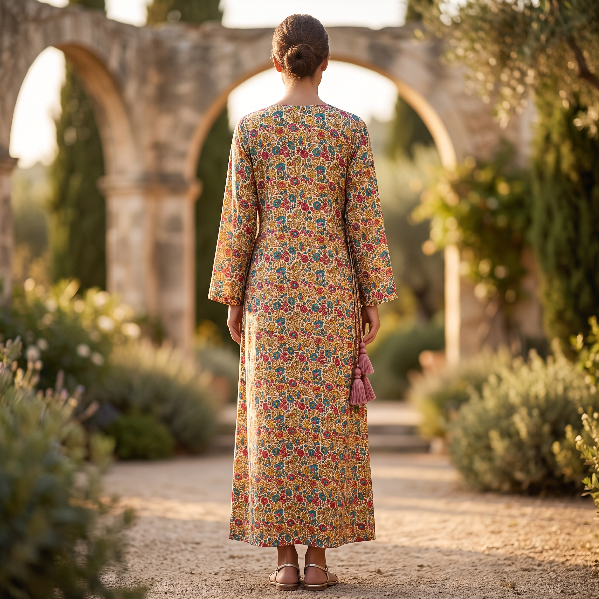 S/M Qifa Silk Crystal  Cotton Printed Dress 57" Long Jalabiya RNY 1043