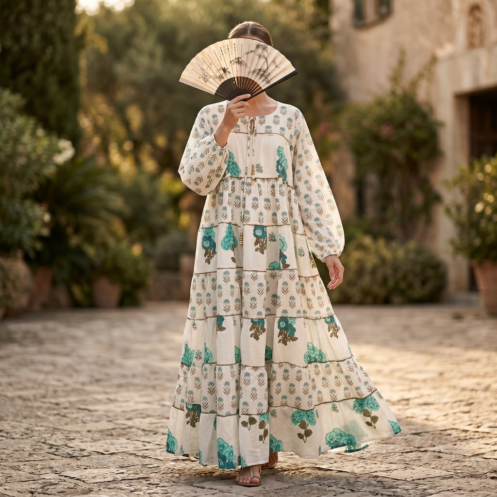 L-XL Bushra Printed Cotton Dress 57" Long Jalabiya