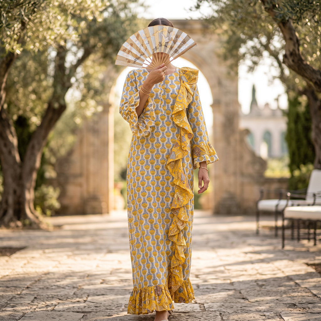 L-XL Princess Crystal Printed Cotton Dress 57" Long Jalabiya RN 1013